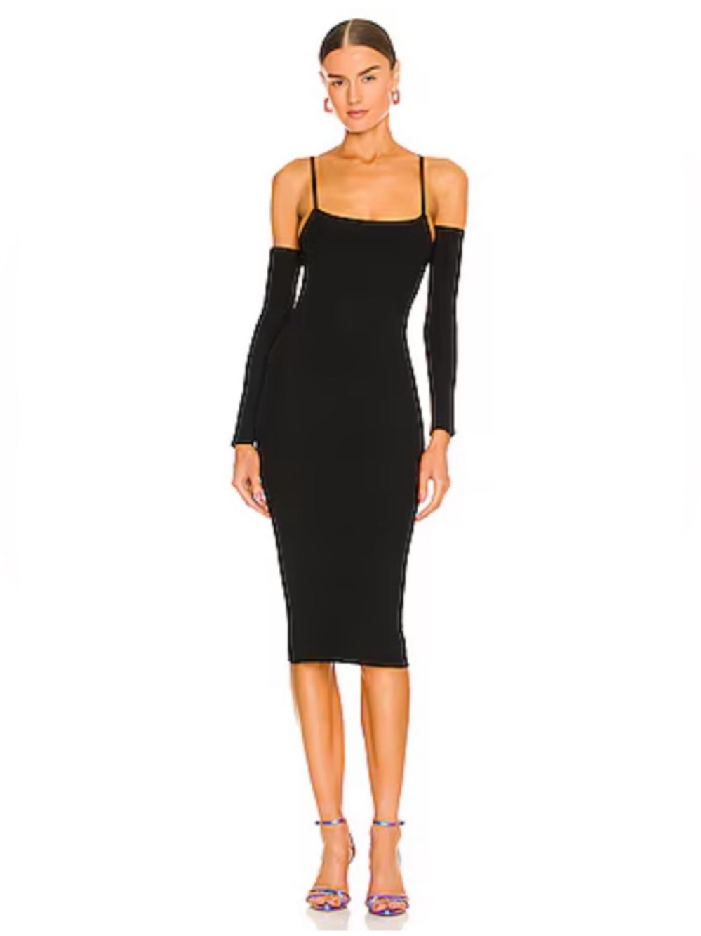 Alice + Olivia Evia Black Fitted Midi Dress with Sleeves | M